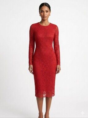 Fuzzi Long Sleeve Solid Lace Dress Midi size Large Red Bodycon